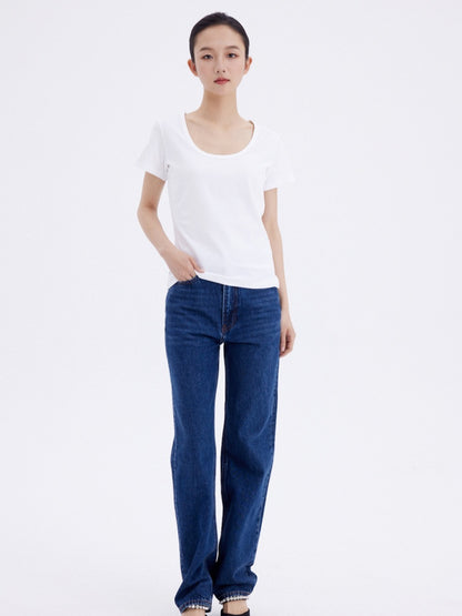 Simple Style Women's Dark Blue Small Straight-leg Jeans - Lotus Lane