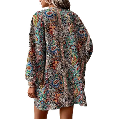 Ethnic Print Round Neck Shirt Bohemian Holiday Long Sleeve Shirt - Lotus Lane