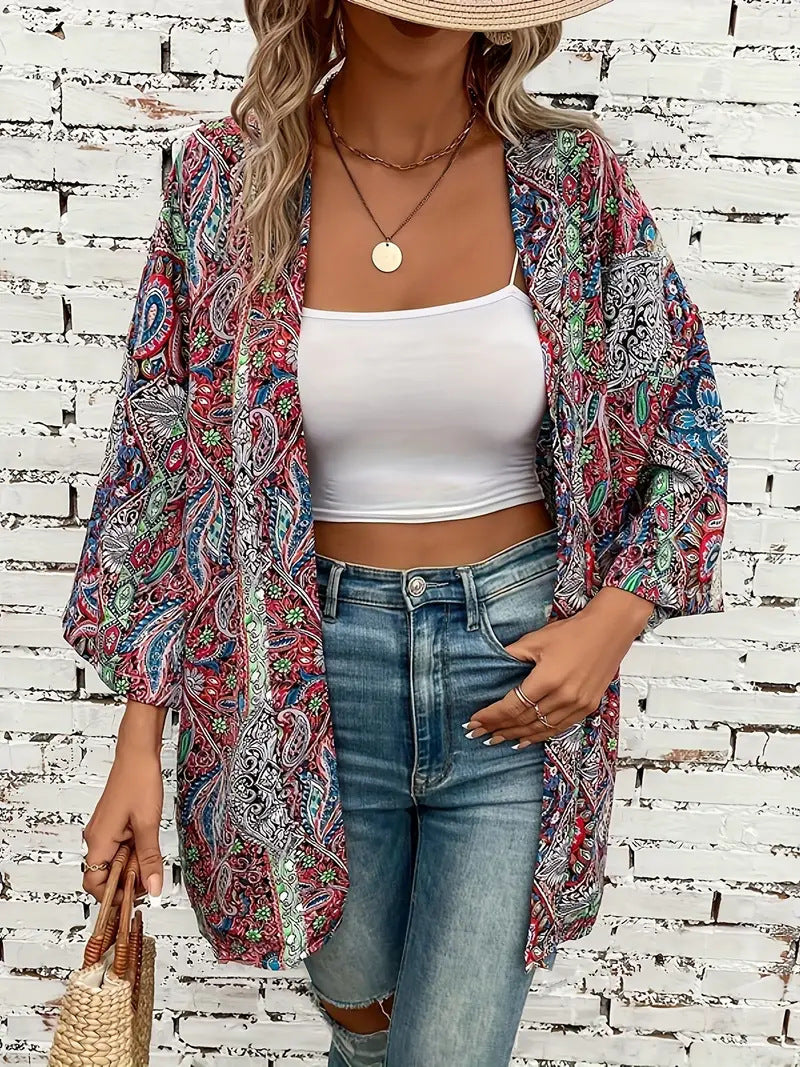 Ethnic Print Round Neck Shirt Bohemian Holiday Long Sleeve Shirt - Lotus Lane