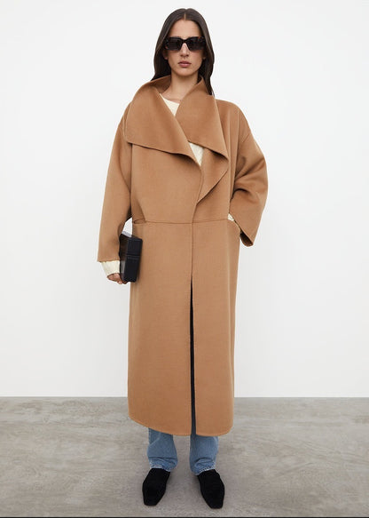 Lapel Coat Same Style Minimalist Double-sided Wool Cashmere Side Split Long Coat For Women - Lotus Lane