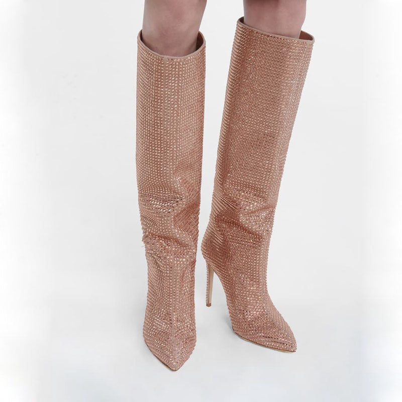 Pointed Toe Cashmere Solid Color Women's Rhinestone Stiletto High Heel Knee Boots - Lotus Lane