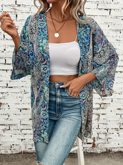 Ethnic Print Round Neck Shirt Bohemian Holiday Long Sleeve Shirt - Lotus Lane