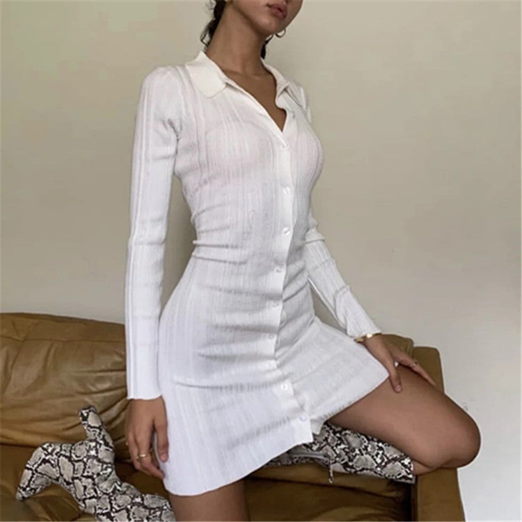 Fashion Slim Polo Collar Knit Long Sleeve Dress - Lotus Lane