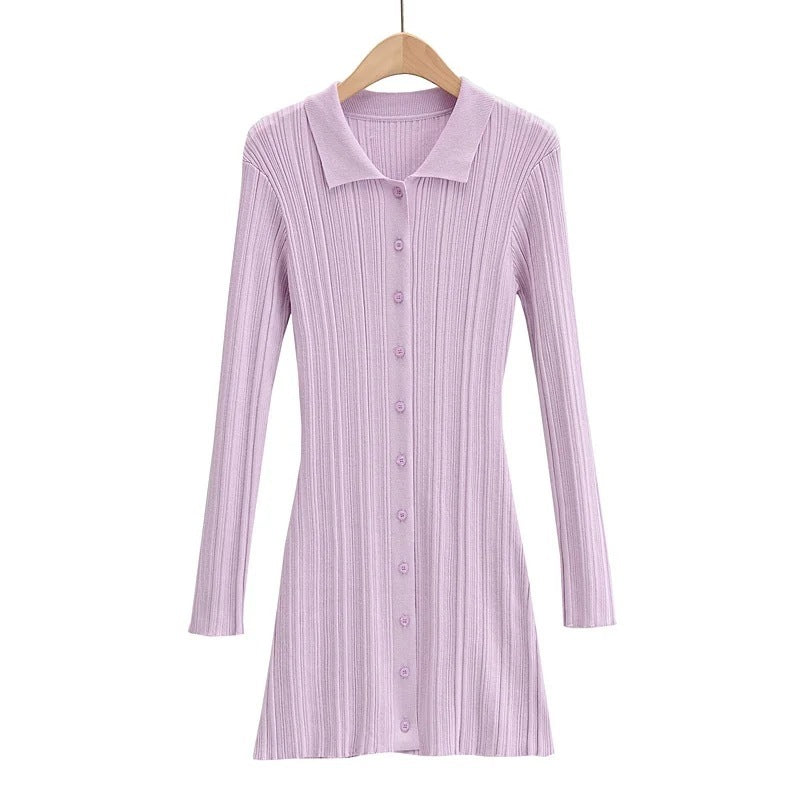 Fashion Slim Polo Collar Knit Long Sleeve Dress - Lotus Lane