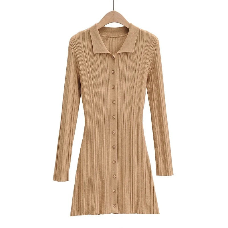 Fashion Slim Polo Collar Knit Long Sleeve Dress - Lotus Lane