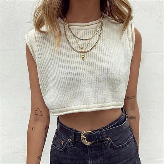 Cropped Tank Top Round Neck Cropped Sexy Knitted Sleeveless Top - Lotus Lane