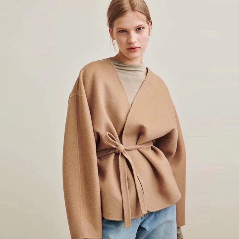 Double-sided woolen cross-tie coat - Lotus Lane