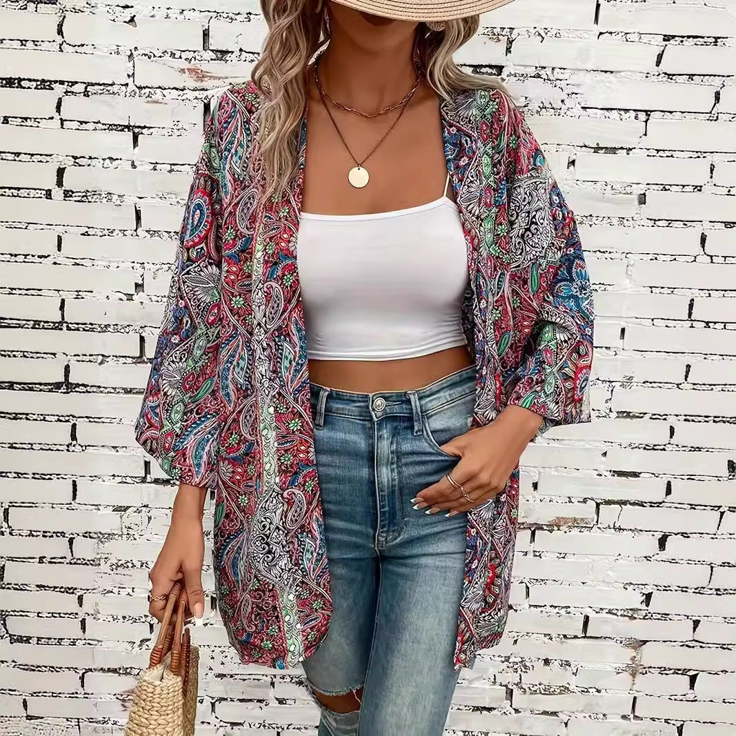 Ethnic Print Round Neck Shirt Bohemian Holiday Long Sleeve Shirt - Lotus Lane