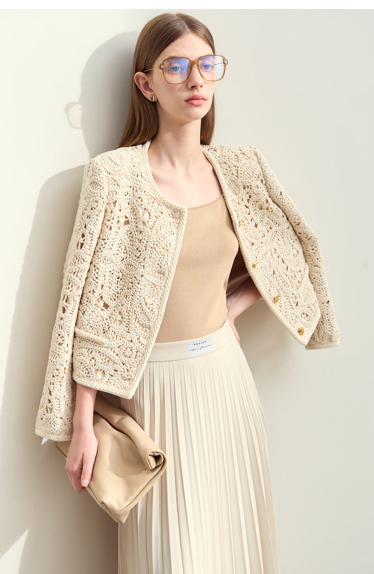 Women's Round Neck Crocheted Texture Coat Loose Short Padded Shoulder Top - Lotus Lane