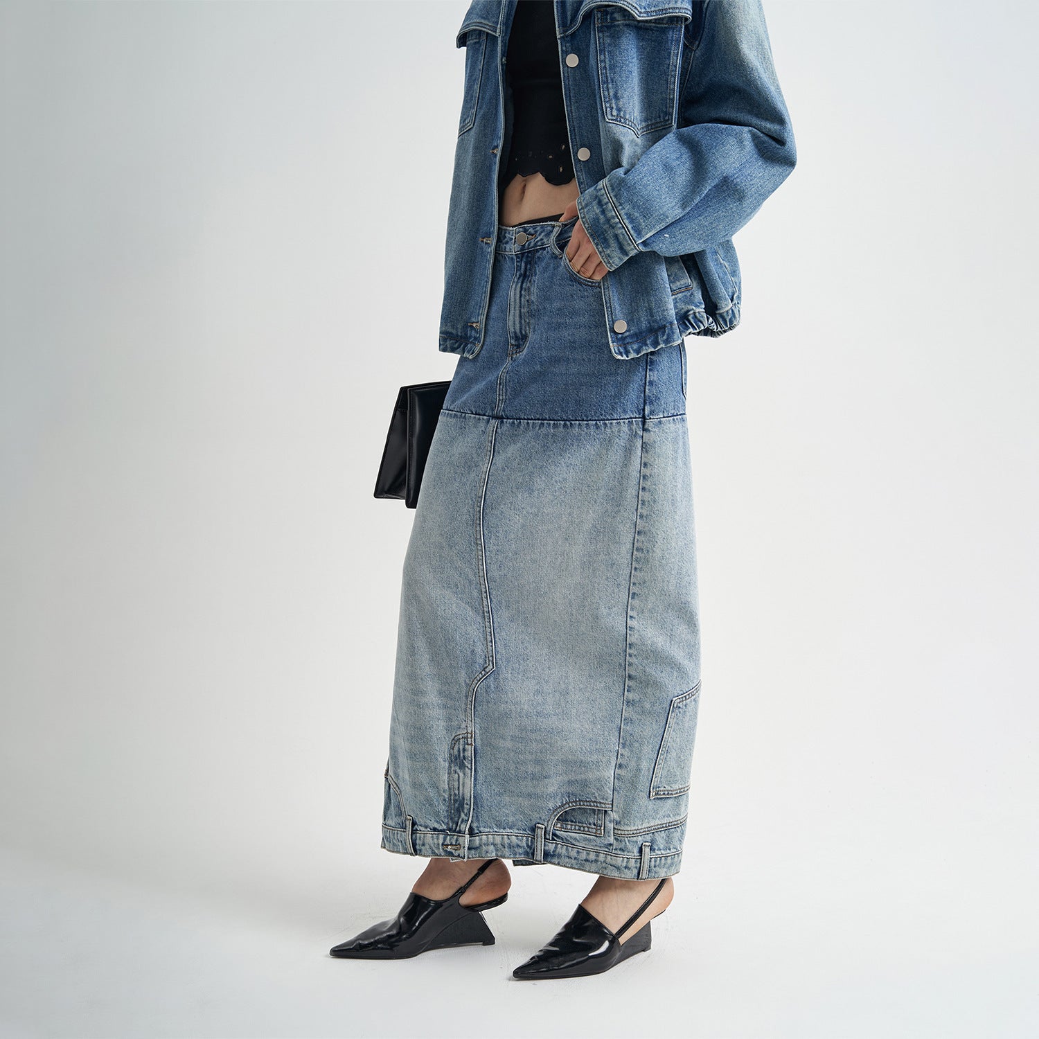 Washed Denim Long Skirts Stitching Design Women's Clothing - Lotus Lane