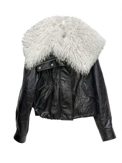 Retro Quiet Luxury Detachable Large Fur Collar Leather Jacket - Lotus Lane