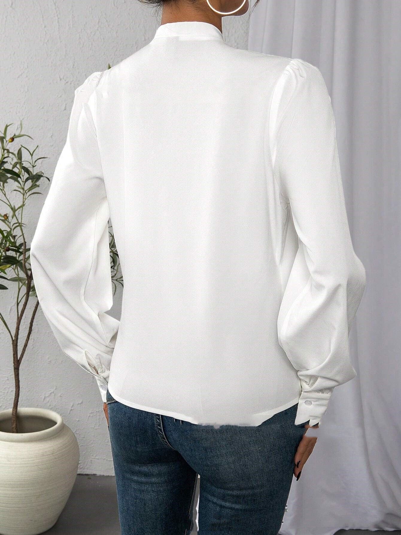 Casual Long Sleeve V-neck White Shirt Top Solid Color - Lotus Lane