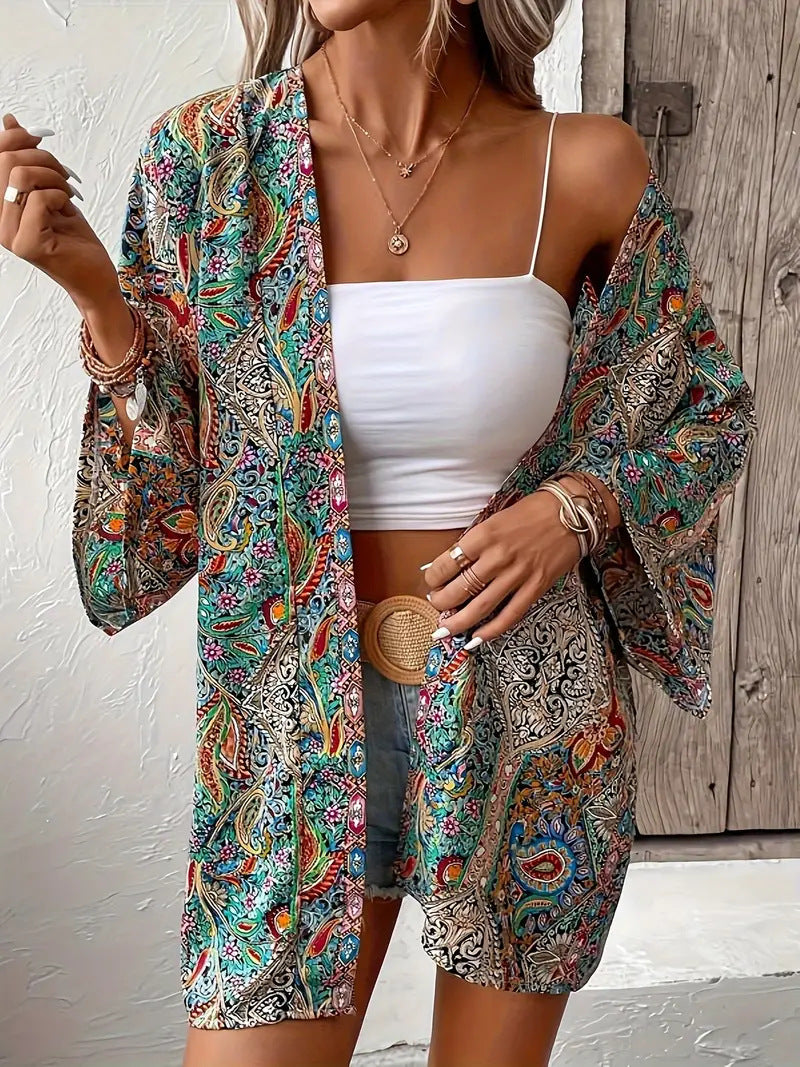 Ethnic Print Round Neck Shirt Bohemian Holiday Long Sleeve Shirt - Lotus Lane