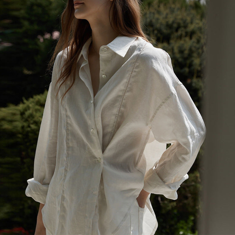 Linen Shirt French Hollow Embroidered Loose Long Sleeve Blouse - Lotus Lane