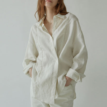 Linen Shirt French Hollow Embroidered Loose Long Sleeve Blouse - Lotus Lane