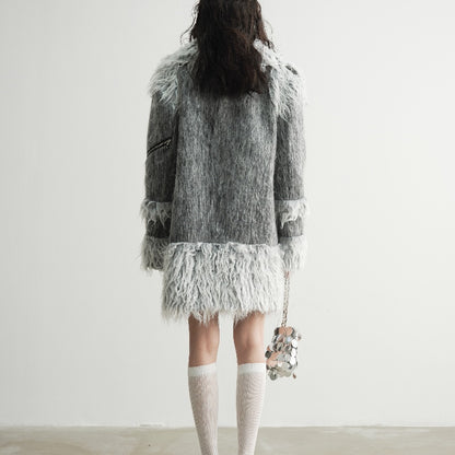 Fur Patchwork Wool Overalls Coat - Lotus Lane