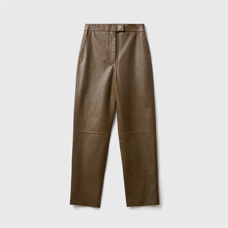 Pocket Embossing Design Sheepskin Straight Pants - Lotus Lane