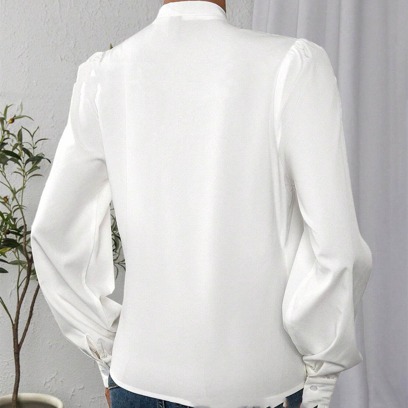 Casual Long Sleeve V-neck White Shirt Top Solid Color - Lotus Lane