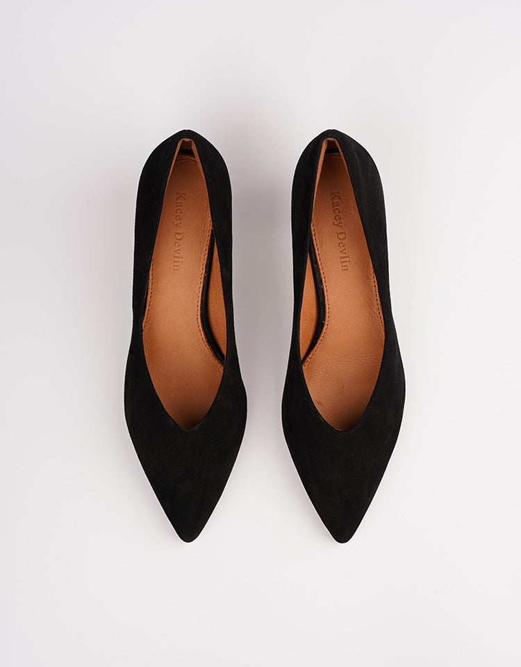 Pointed Toe Stiletto V Mouth Leather Shallow Mouth Single Shoes Deerskin Comfortable - Lotus Lane