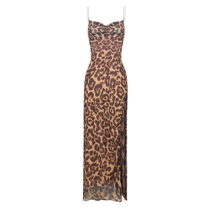 Vintage Leopard Print Swing Collar Sling Dress - Lotus Lane