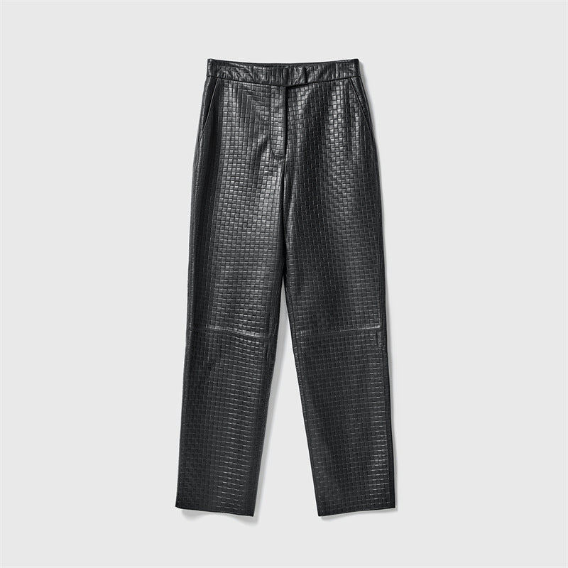 Pocket Embossing Design Sheepskin Straight Pants - Lotus Lane