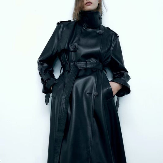 Black Long With Belt Fashionable All-match Leather Wind Coat Coat