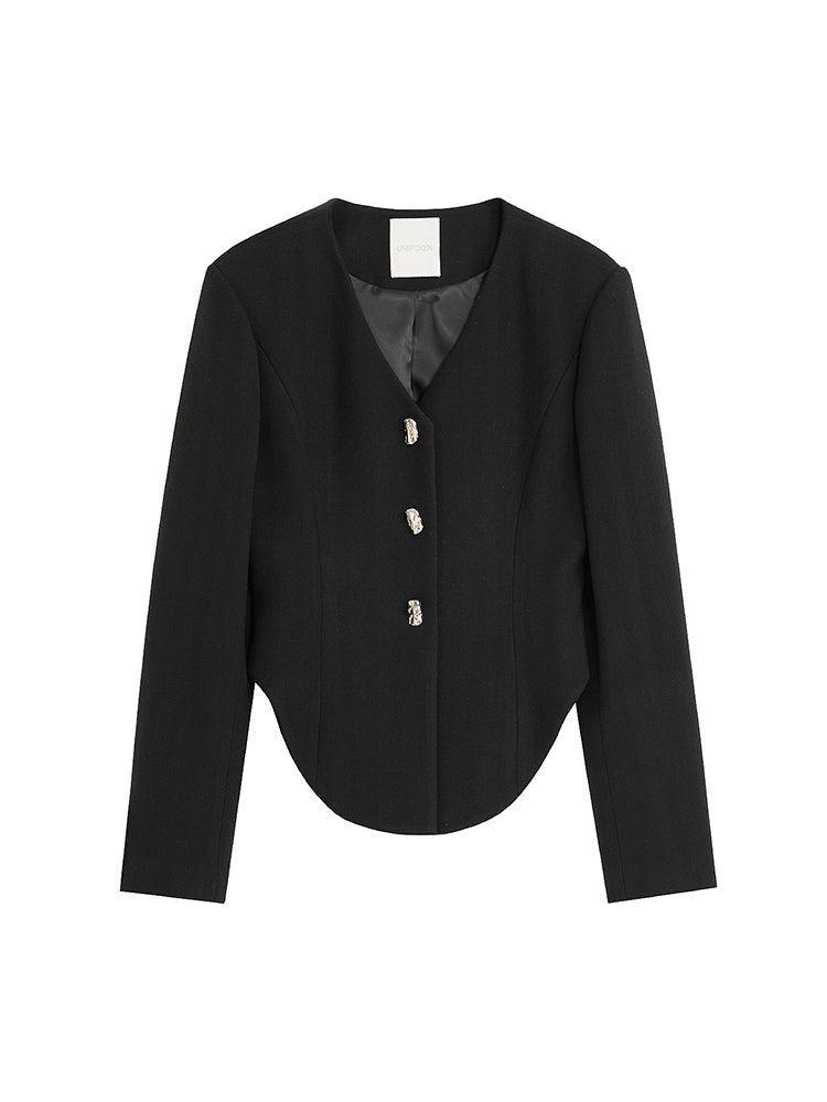 Black V Neck Cropped Blazer With Stylish Shoulder Pads - Lotus Lane