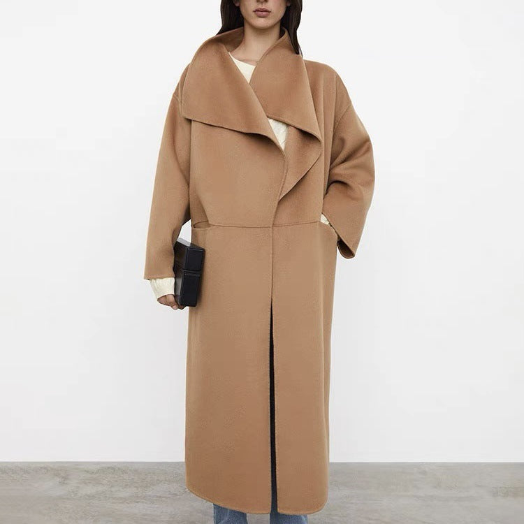 Lapel Coat Same Style Minimalist Double-sided Wool Cashmere Side Split Long Coat For Women - Lotus Lane