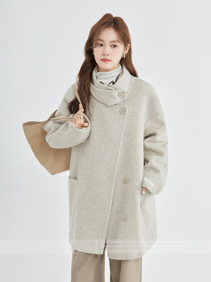 Stand Collar Loose Woolen Female Reversible Cashmere Coat - Lotus Lane