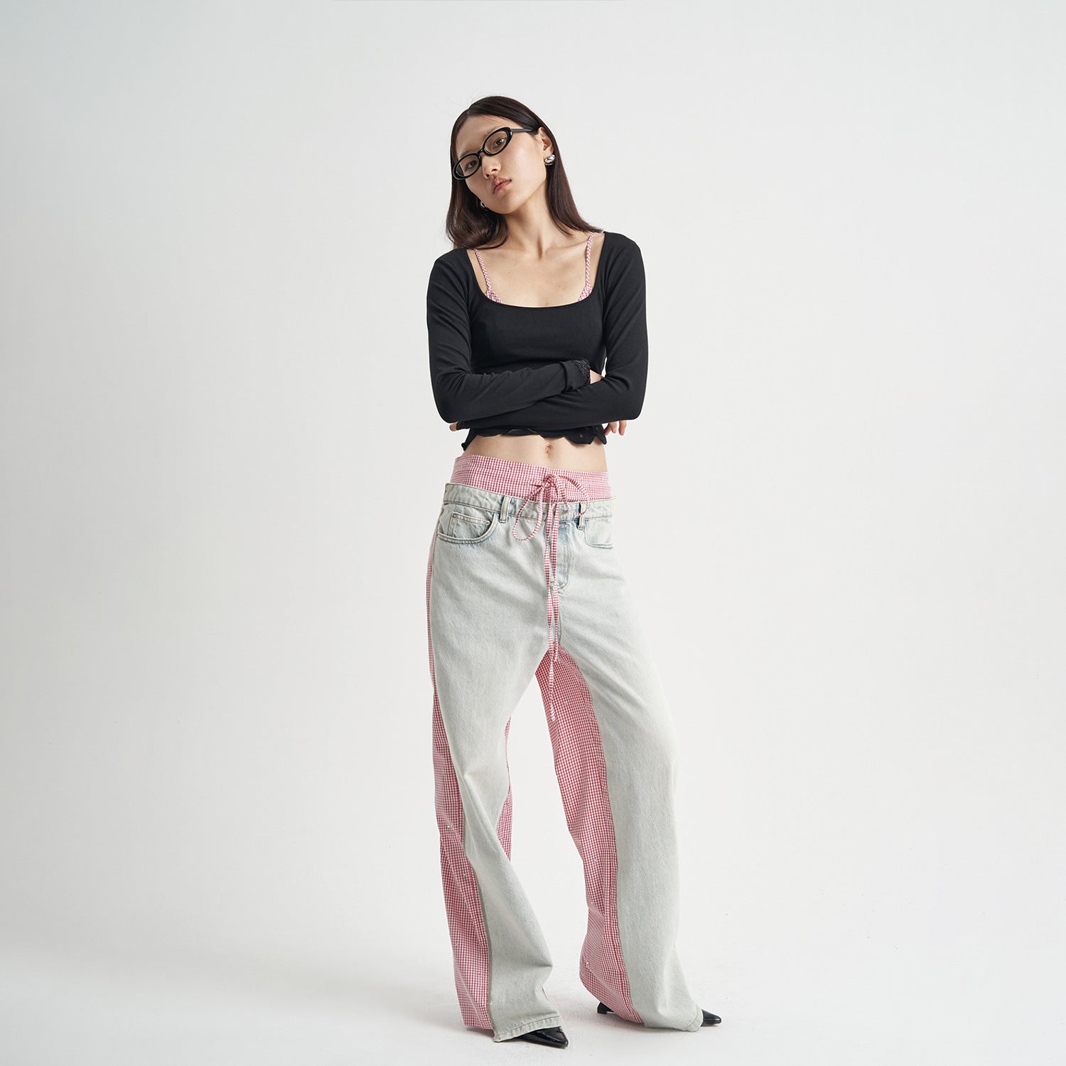 Patchwork Jeans Pink Plaid Women's Clothing - Lotus Lane