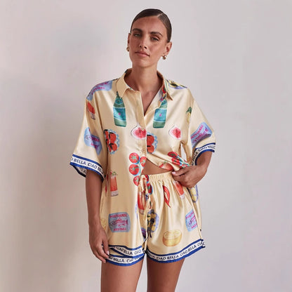 Casual Homewear Cartoon Lapel Cardigan Short Sleeve Shorts Suit - Lotus Lane