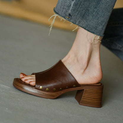 Retro Square Head Chunky Heel Slippers Women's Summer - Lotus Lane