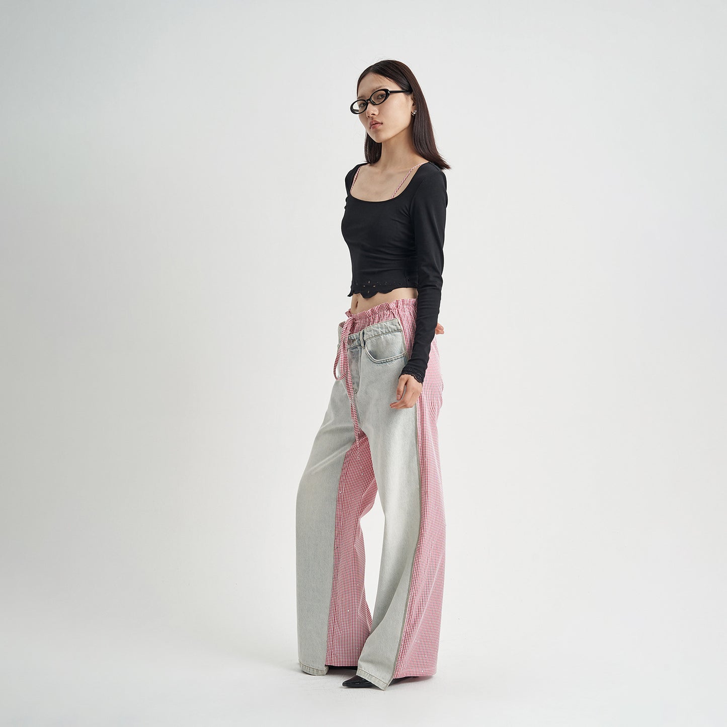 Patchwork Jeans Pink Plaid Women's Clothing - Lotus Lane