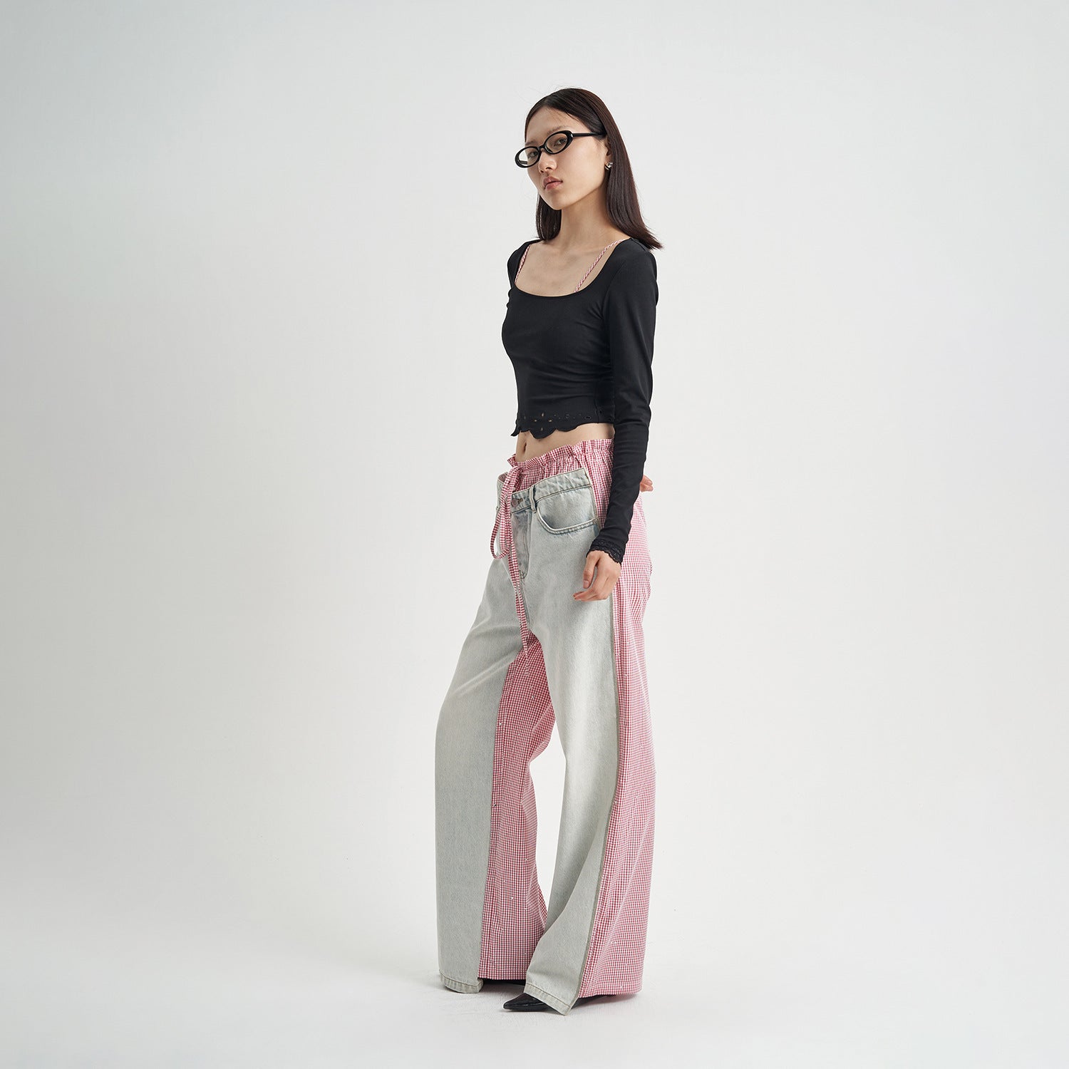 Patchwork Jeans Pink Plaid Women's Clothing - Lotus Lane