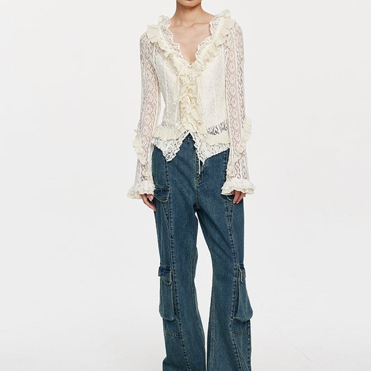 Lace Tie With Fungus Edge Long Sleeved Pullover - Lotus Lane