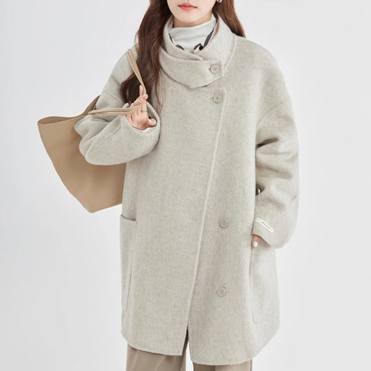 Stand Collar Loose Woolen Female Reversible Cashmere Coat - Lotus Lane