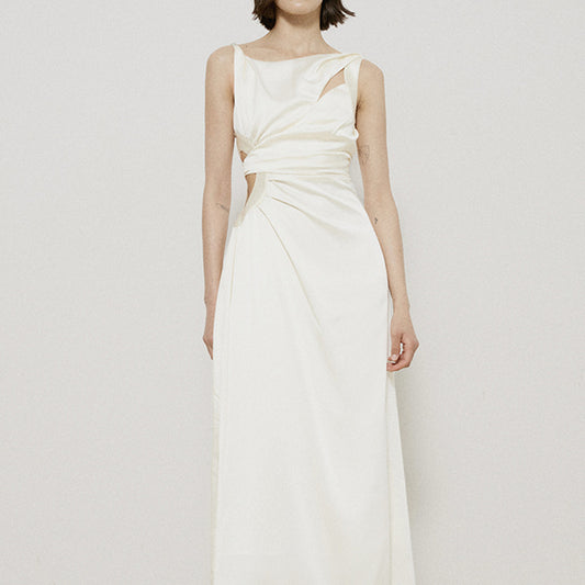 Asymmetric Stitching White High-waist High-grade Niche Temperament Strap Dress - Lotus Lane