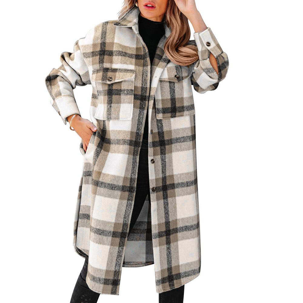 Women's Plaid Button Flannel Long Coat - Lotus Lane