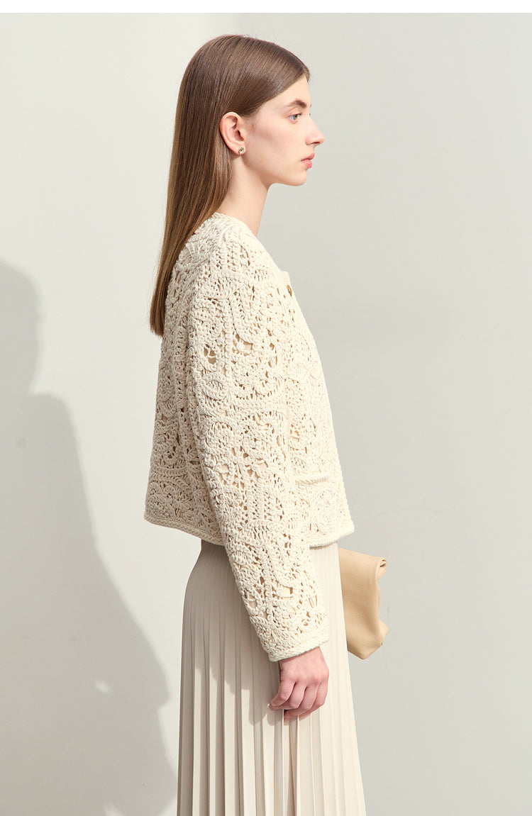 Women's Round Neck Crocheted Texture Coat Loose Short Padded Shoulder Top - Lotus Lane