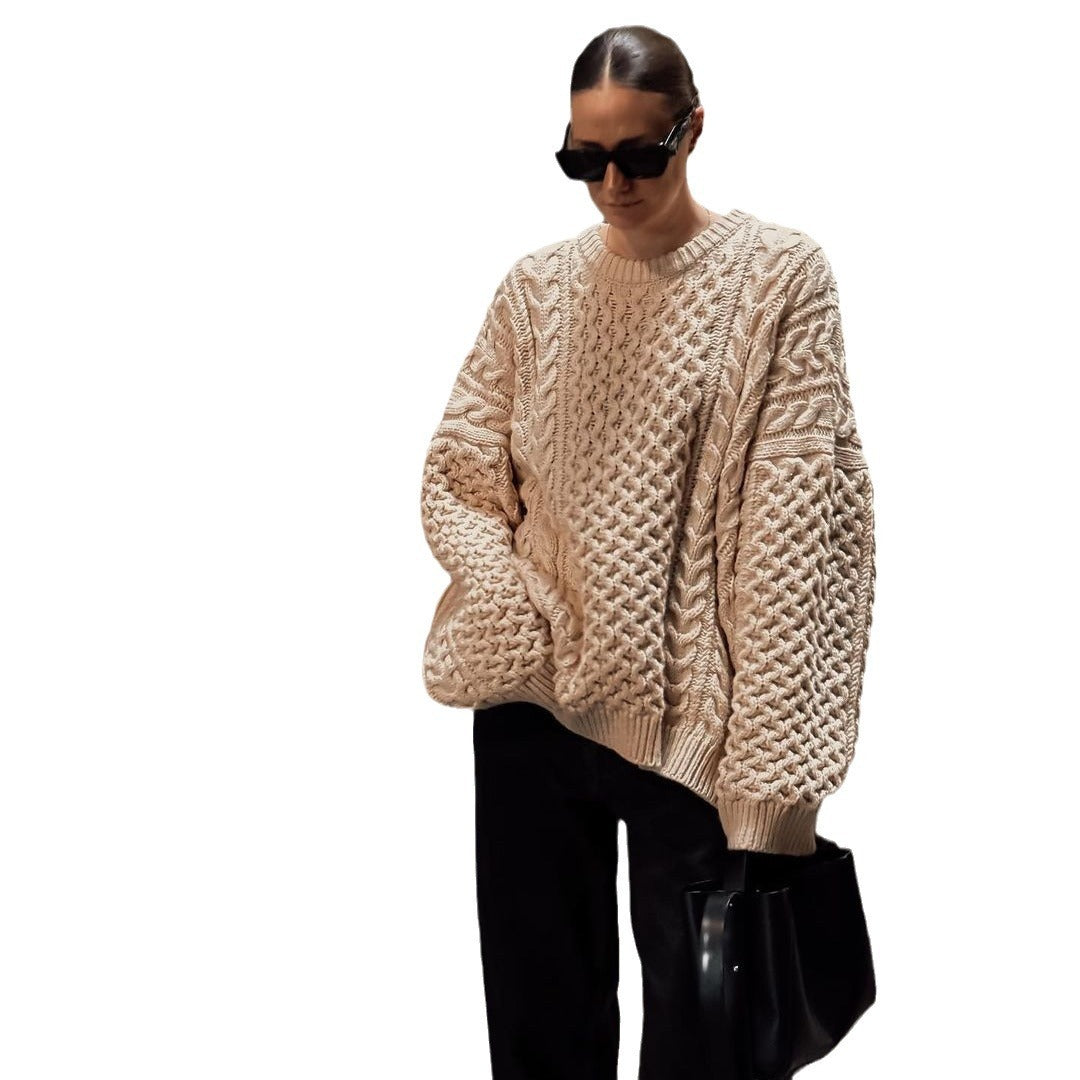 Round Neck Twist Weave Long Sleeve Sweater Loose Casual Lazy Knitted Top - Lotus Lane