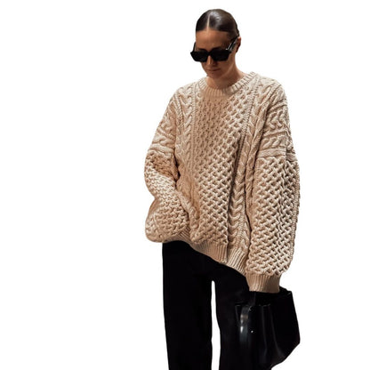 Round Neck Twist Weave Long Sleeve Sweater Loose Casual Lazy Knitted Top - Lotus Lane