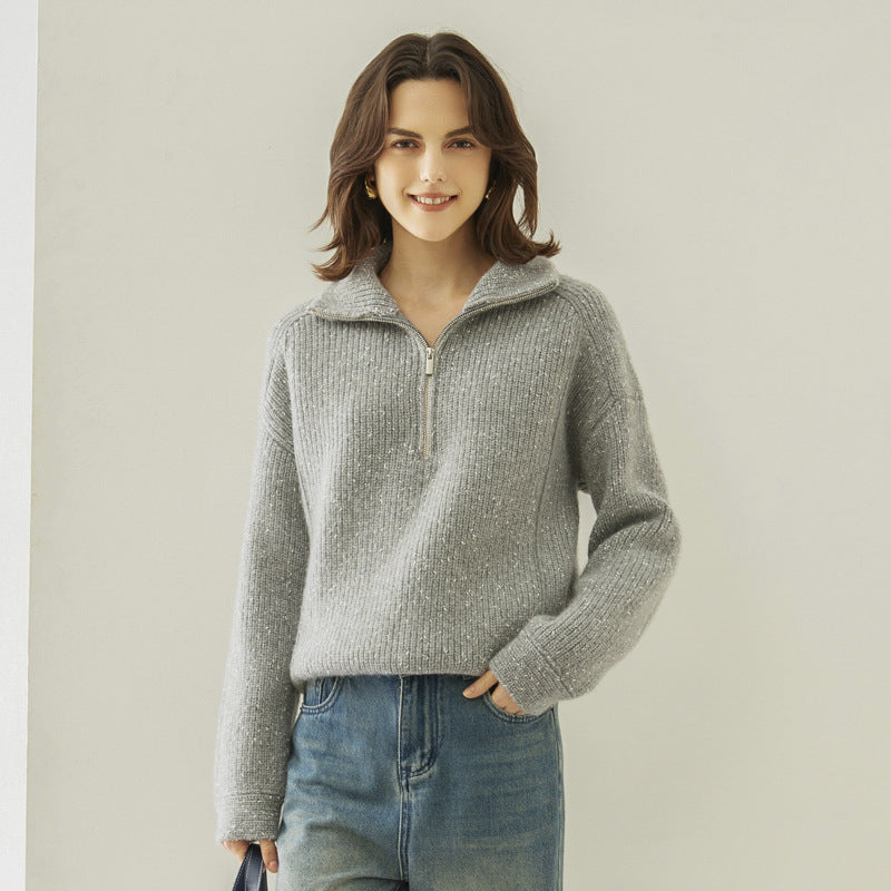 Five-strand Thickened Arabesquitic Fabric Stand Collar Cashmere Sweater Women's Autumn And Winter Half-open Collar Loose And Idle Bottoming Shirt - Lotus Lane