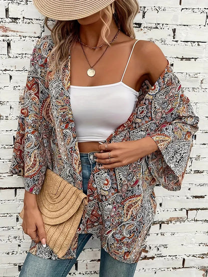 Ethnic Print Round Neck Shirt Bohemian Holiday Long Sleeve Shirt - Lotus Lane