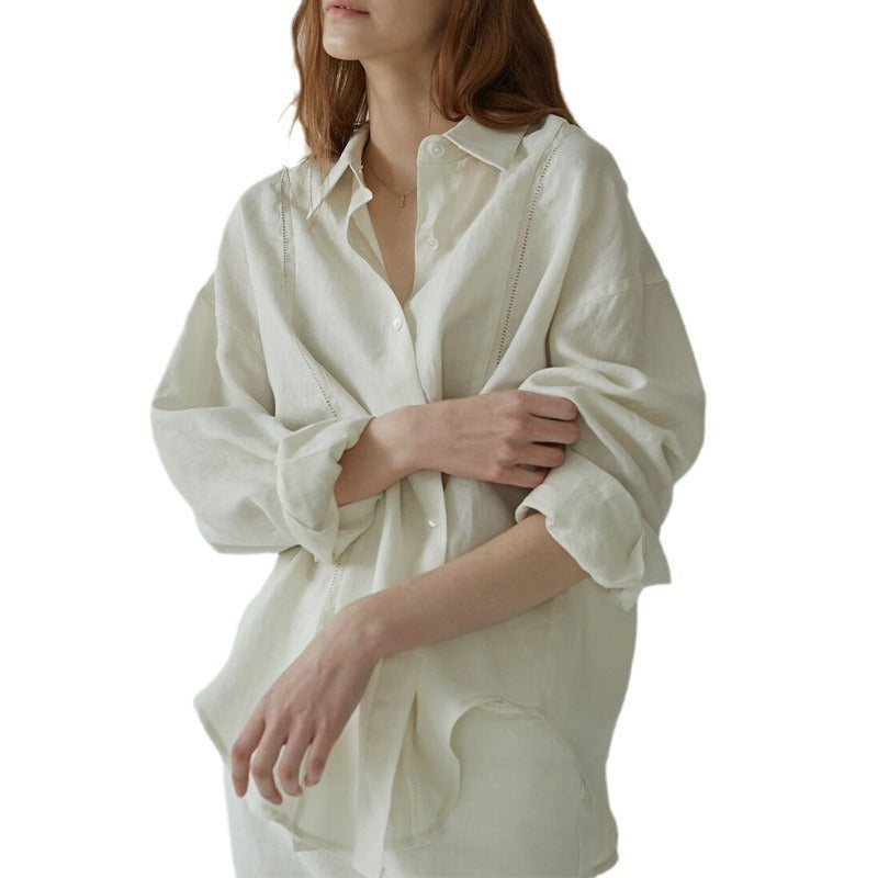 Linen Shirt French Hollow Embroidered Loose Long Sleeve Blouse - Lotus Lane