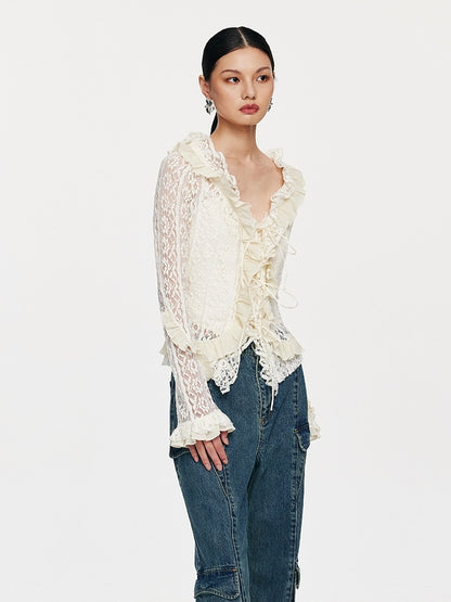 Lace Tie With Fungus Edge Long Sleeved Pullover - Lotus Lane