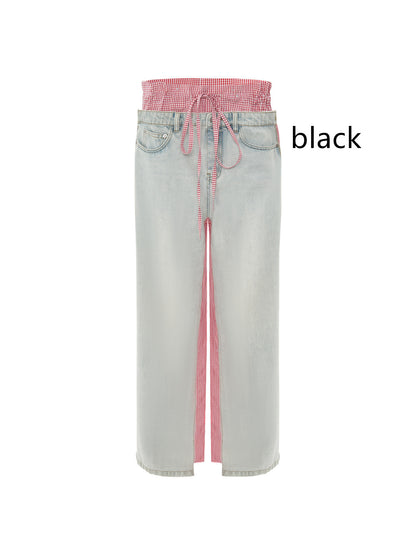 Patchwork Jeans Pink Plaid Women's Clothing - Lotus Lane