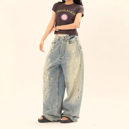 Washed Distressed Casual Loose Wide-leg Jeans Splash-ink Design Slimming Unisex Style Mop Pants Men And Women - Lotus Lane