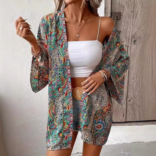 Ethnic Print Round Neck Shirt Bohemian Holiday Long Sleeve Shirt - Lotus Lane