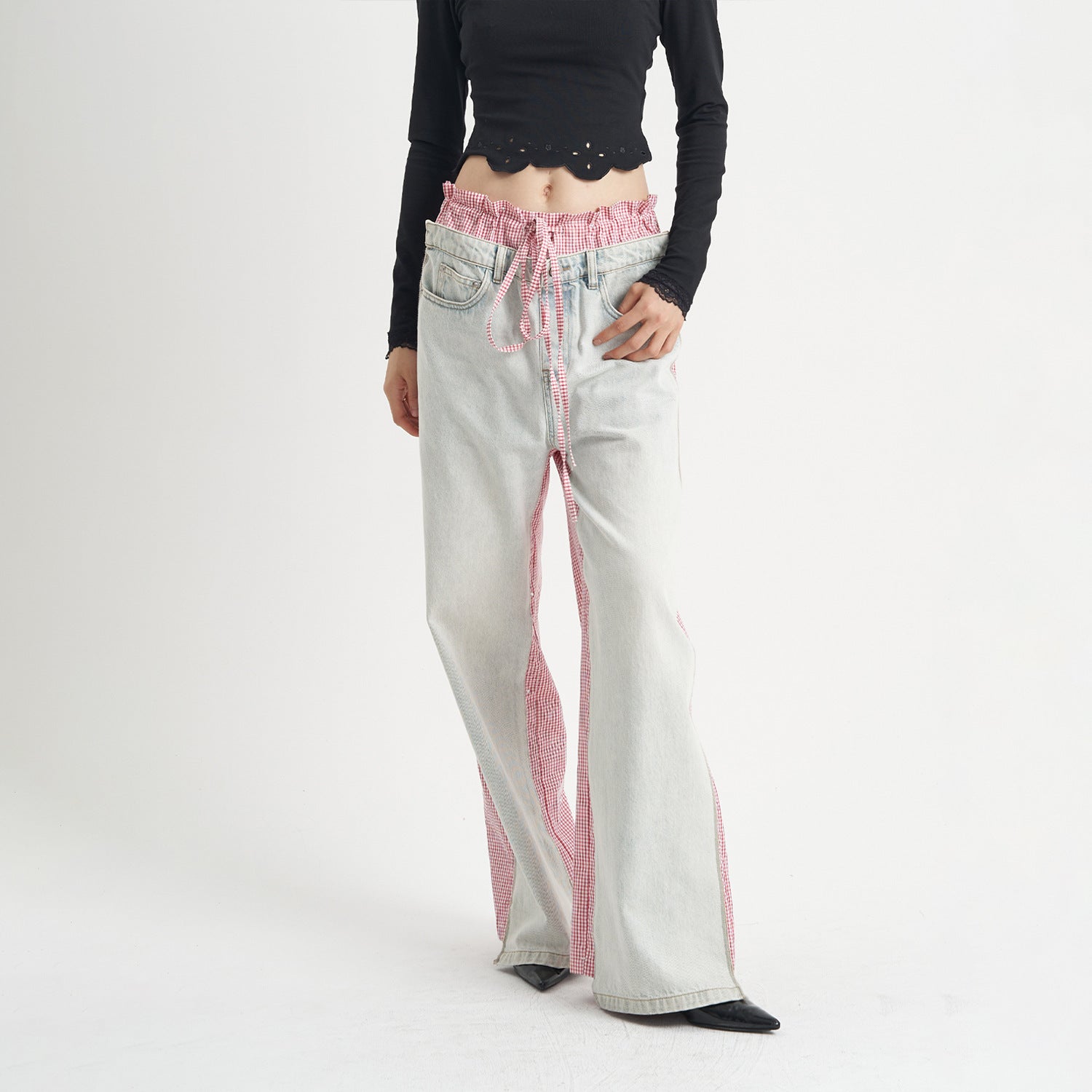 Patchwork Jeans Pink Plaid Women's Clothing - Lotus Lane