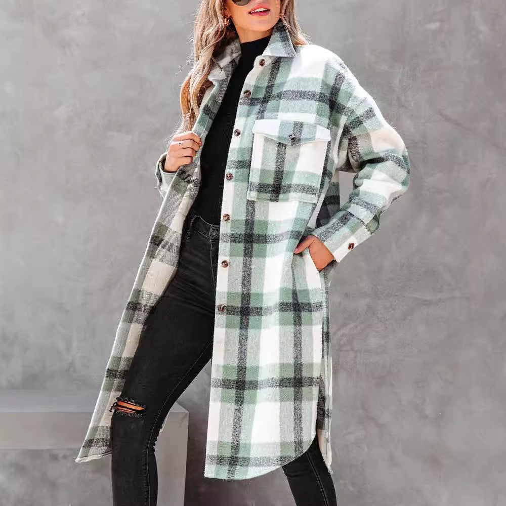 Women's Plaid Button Flannel Long Coat - Lotus Lane